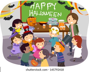 Illustration Of Stickman Kids Having Halloween Party At School