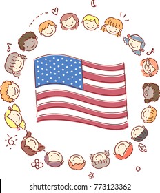 Illustration of Stickman Kids Head Surrounding American Flag