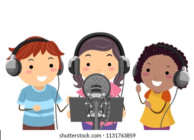 Illustration of Stickman Kids with Headphones and Microphone Recording a Song in a Studio