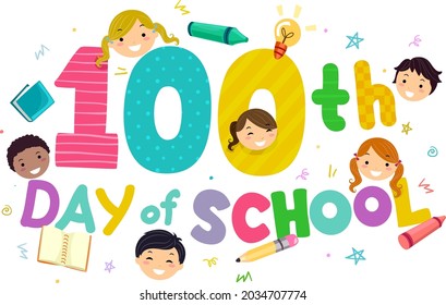 Illustration Of Stickman Kids Heads With 100th Day Of School Text And School Supplies