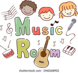 Illustration of Stickman Kids Heads Smiling with Music Room Lettering