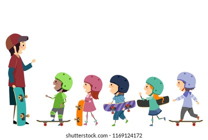 Illustration of Stickman Kids With Helmet, Protection Pads and Skateboard with their Teacher