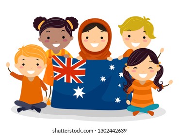 Illustration of Stickman Kids Holding Australia Flag for Harmony Day