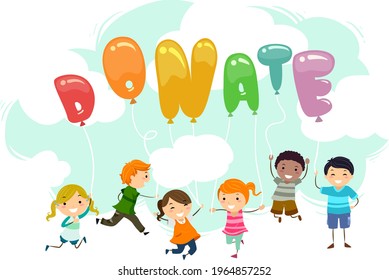 Illustration of Stickman Kids Holding Balloons Shaped as Letters Forming Donate Lettering