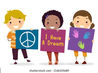 Illustration of Stickman Kids Holding Banners with Peace Sign, Hand Prints and I Have a Dream Print