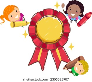 Illustration of Stickman Kids Holding Big Crayons Adding Colors to Ribbon Award