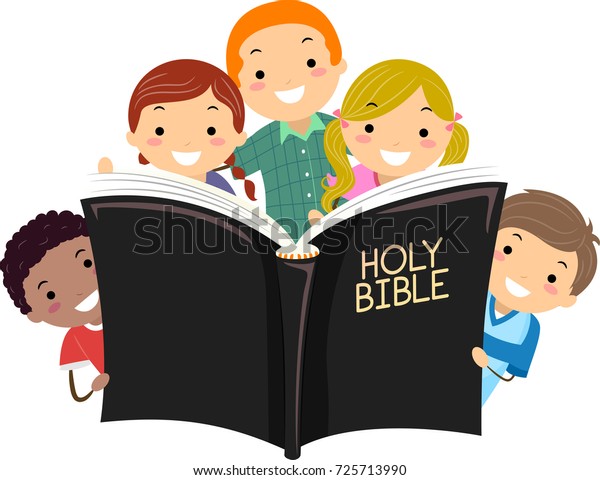 大きく開いた聖書の本を持つスティックマンの子どもたちのイラスト のベクター画像素材 ロイヤリティフリー