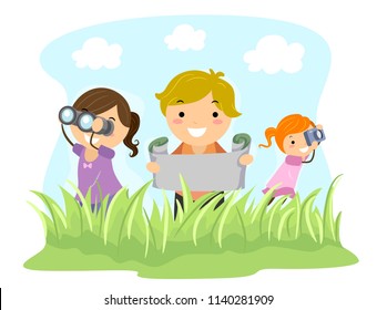 Illustration of Stickman Kids Holding Binoculars, Map and Camera Exploring Outdoors