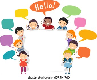 Illustration Of Stickman Kids Holding A Blank Board With Blank Speech Bubbles Saying Hello