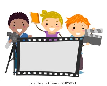 Illustration Of Stickman Kids Holding A Blank Film, Camera, Script And Clapper