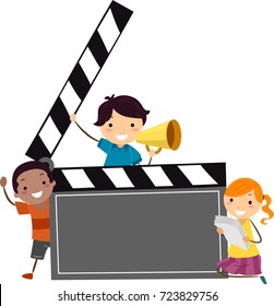 Illustration of Stickman Kids Holding a Blank Movie Clapper, Megaphone and Script