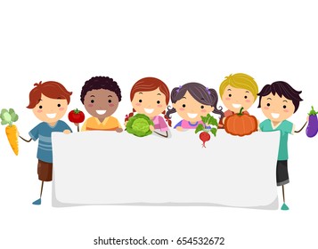 Illustration of Stickman Kids Holding a Carrot, Tomato, Cabbage, Radish, Pumpkin, Eggplant and a Banner