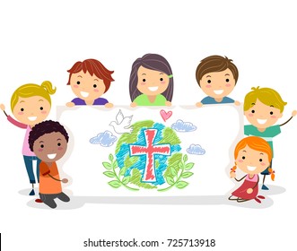 Illustration of Stickman Kids Holding Up a Christian Drawing in a Banner