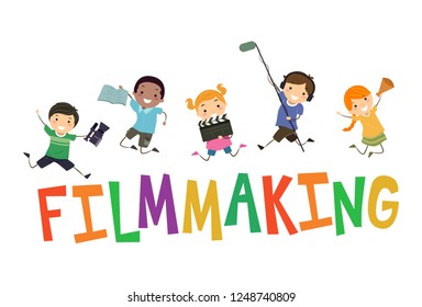 Illustration of Stickman Kids Holding Clapper, Microphone, Script, Megaphone and Video Camera