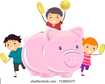 Illustration of Stickman Kids Holding Coins Besides a Big Piggy Bank