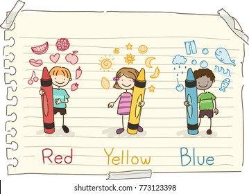 Illustration of Stickman Kids Holding Crayons in Basic Colors from Red, Yellow to Blue with Colored Doodles on Paper