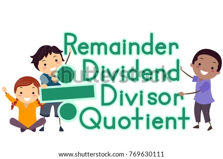 Illustration of Stickman Kids Holding Divide Sign and Remainder, Dividend, Divisor and Quotient Terms Foto stock © 