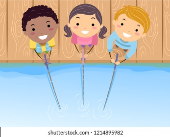 Illustration of Stickman Kids Holding Fishing Rods by the Lake Looking Up