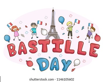 Illustration of Stickman Kids Holding a Flag of France with Balloons and Eiffel Tower and Bastille Day