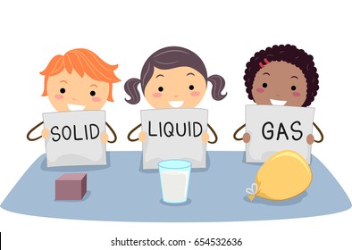 Illustration of Stickman Kids Holding Flash Cards for a Cube, Milk and a Balloon as Solid, Liquid and Gas