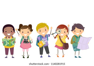 Lorelyn Medina S Portfolio On Shutterstock - illustration of stickman kids holding geography elements from maps binoculars books and magnifying