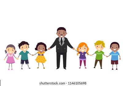 Illustration of Stickman Kids Holding Hands with Martin Luther King