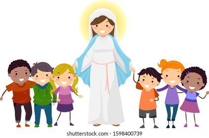 Illustration of Stickman Kids Holding Hands with Mother Mary