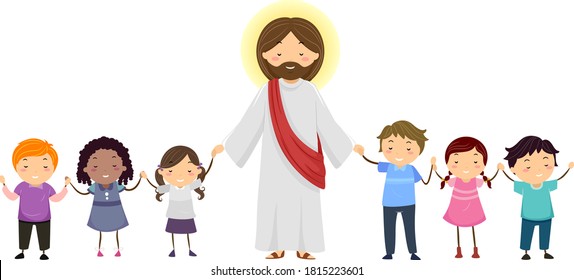 Illustration Of Stickman Kids Holding The Hands Of Jesus Christ And Praying Together