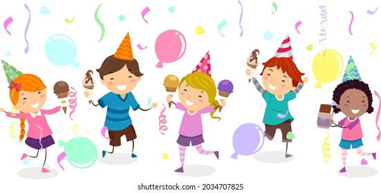 Illustration of Stickman Kids Holding Ice Cream with Balloons and Confetti in an Ice Cream Social
