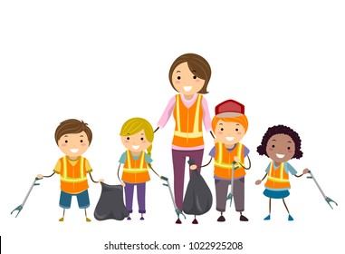 Illustration of Stickman Kids Holding Litter Picker and Garbage Bags with their Teacher