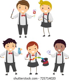 Illustration of Stickman Kids Holding Magic Tools from Magic Stick, Flowers, Bird, Rainbow Scarf, Hat and Playing Cards