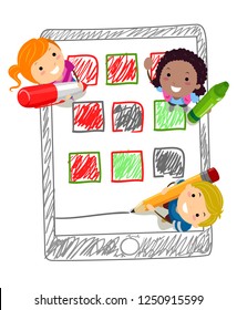 Illustration of Stickman Kids Holding Marker, Crayon and Pencil Doodling a Mobile Phone