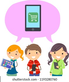 Illustration of Stickman Kids Holding Mobile Phones with Speech Bubble Talking About Purchasing Using Phone