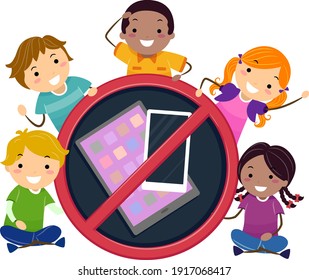 Illustration of Stickman Kids Holding No Sign with Computer Tablet and Mobile Phone. No Screen Time