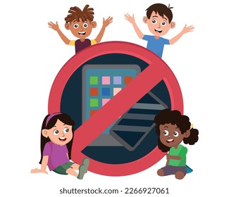 Illustration of Stickman Kids Holding No Sign with Computer Tablet and Mobile Phone. No Screen Time.