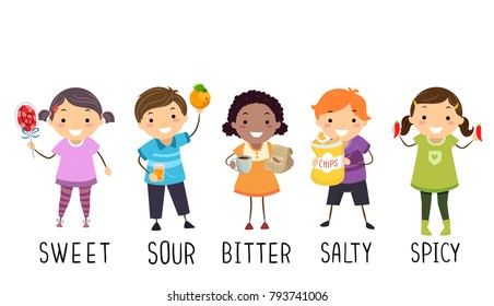 Illustration of Stickman Kids Holding Objects to Represent Different Tastes From Sweet, Sour, Bitter, Salty and Spicy
