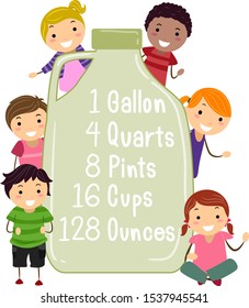 Illustration Of Stickman Kids Holding A One Gallon Bottle With Conversion From Quart, Pint, Cup To Ounce