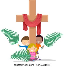 Illustration of Stickman Kids Holding Palm Leaves with a Wooden Cross with Red Cloth