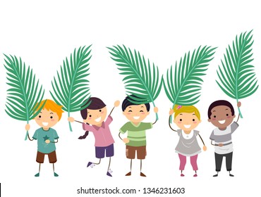 Illustration Of Stickman Kids Holding Palm Tree Leaves, Celebrating Palm Sunday