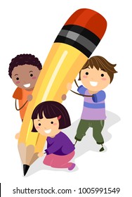 Illustration Of Stickman Kids Holding A Pencil Writing Something