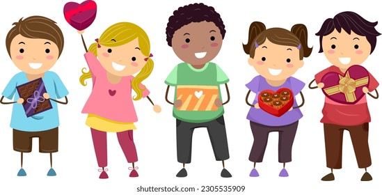 Illustration of Stickman Kids Holding Rectangular and Heart Shaped Boxes of Chocolates for Valentines