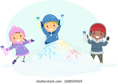 Illustration of Stickman Kids Holding Spray Bottles and Painting Outdoors In Winter