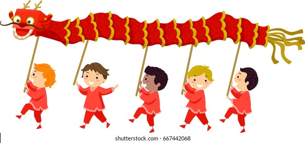 Illustration of Stickman Kids Holding Sticks with Red Dragon Doing the Dragon Dance