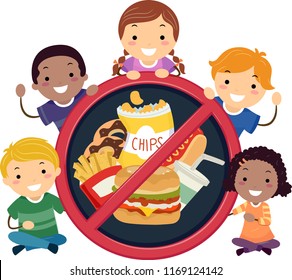 Illustration of Stickman Kids Holding a Stop or No Sign with Junk Food Inside