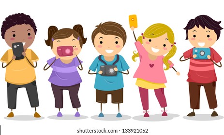 Illustration of Stickman Kids holding their Cameras