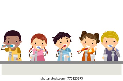 Illustration Of Stickman Kids Holding Toothbrush And Glass Of Water Brushing Their Teeth