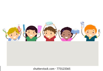 Illustration of Stickman Kids Holding Toothbrush, Toothpaste, Comb, Shampoo, Soap, Tissue, Cotton Buds and Nail Clipper