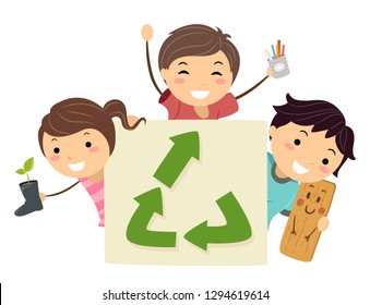 Illustration Of Stickman Kids Holding An Upcycle Symbol And Holding A Boots Pot, Tin Can Pen Holder And Wooden Board Doll