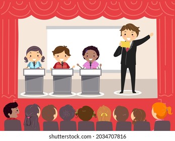 Illustration Of Stickman Kids With Host In A Quiz Bee On Stage With Audience