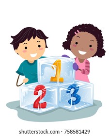 Illustration of Stickman Kids with Ice Blocks with Numbers One, Two and Three